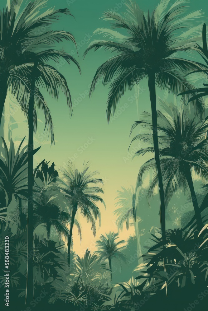 Tropical sunset with trees in persian green shades
