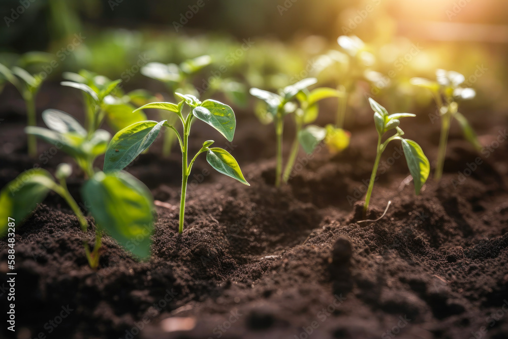 Pepper seedlings planted in the open land. Pepper plants at an early stage of development on a garden bed. Vegetables grown in an environmentally responsible manner, high quality generative ai Pepper seedlings planted in the open land. Pepper plants at an early stage of development on a garden bed. Vegetables grown in an environmentally responsible manner, high quality generative ai