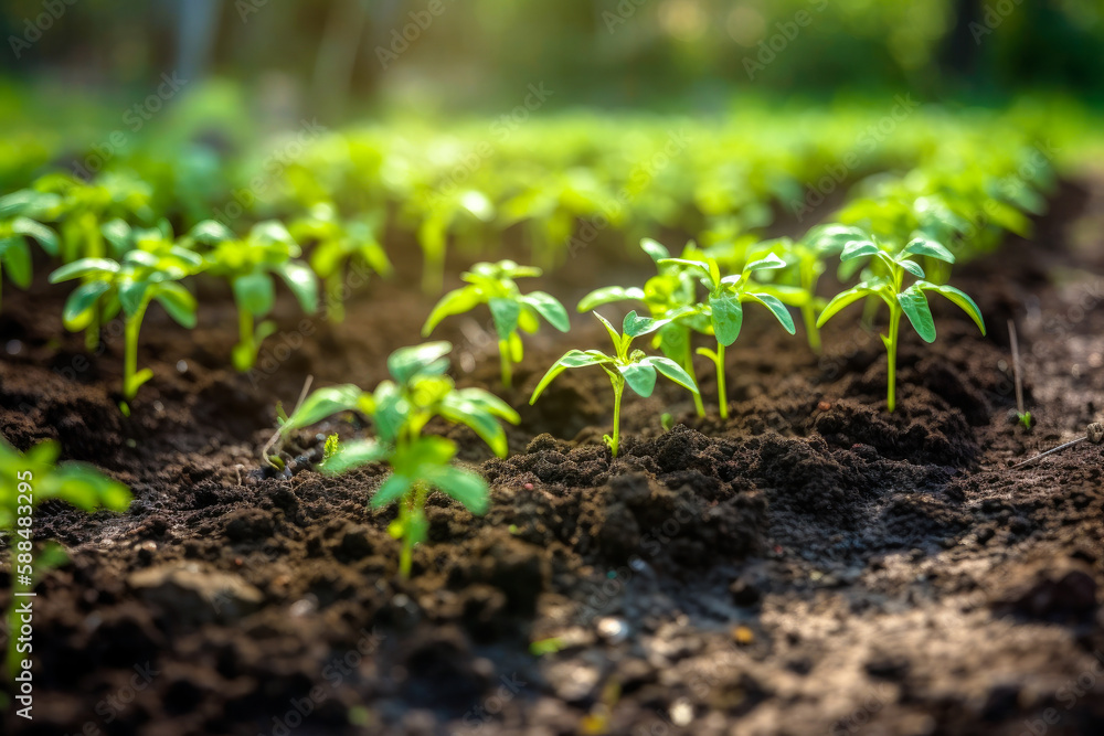Pepper seedlings planted in the open land. Pepper plants at an early stage of development on a garden bed. Vegetables grown in an environmentally responsible manner, high quality generative ai Pepper seedlings planted in the open land. Pepper plants at an early stage of development on a garden bed. Vegetables grown in an environmentally responsible manner, high quality generative ai