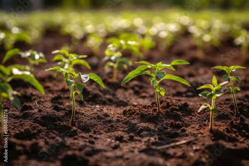 Pepper seedlings planted in the open land. Pepper plants at an early stage of development on a garden bed. Vegetables grown in an environmentally responsible manner, high quality generative ai