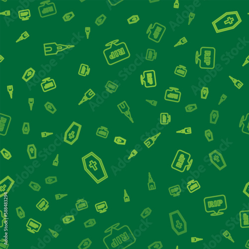 Set line Church building, Coffin with cross and Speech bubble rip death on seamless pattern. Vector