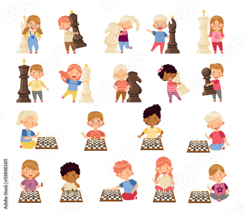 Cute Kids Playing Chess Moving Piece on Chessboard Big Vector Set