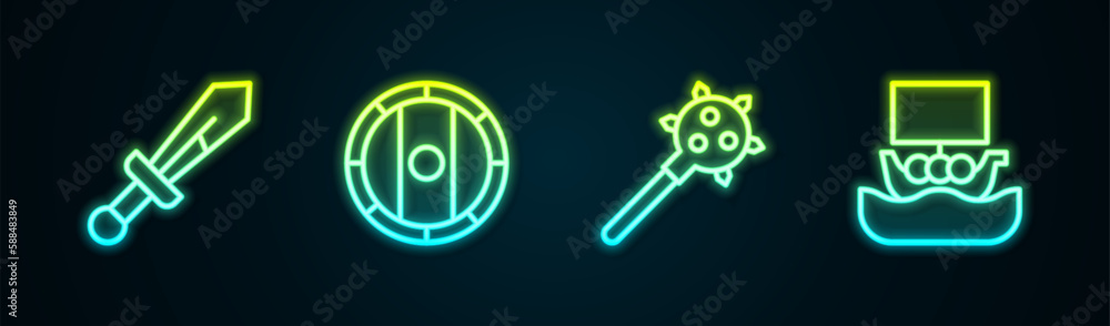 Set line Medieval sword, Shield viking, Mace with spikes and Viking ship Drakkar. Glowing neon icon. Vector