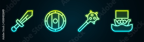 Set line Medieval sword, Shield viking, Mace with spikes and Viking ship Drakkar. Glowing neon icon. Vector