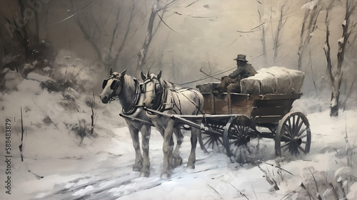 "Generative AI - Vintage Horse-Drawn Carriage in Snowy Landscape"