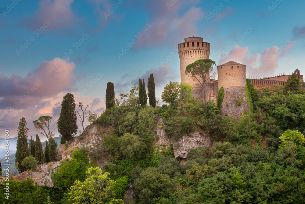 Brisighella, Ravenna, Emilia-Romagna, Italy, Ravenna, Emilia-Romagna, Italy. Beautiful panoramic aerial view of the medieval city and Manfredian fortress with clock tower. Famous symbols