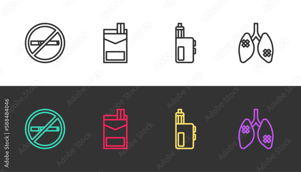 Set line No smoking, Cigarettes pack box, Vape mod device and Disease lungs on black and white. Vector Set line No smoking, Cigarettes pack box, Vape mod device and Disease lungs on black and white. Vector