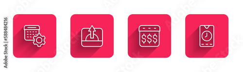 Set line Calendar settings, Sunrise, Payday, calendar with dollar and Alarm clock app mobile with long shadow. Red square button. Vector
