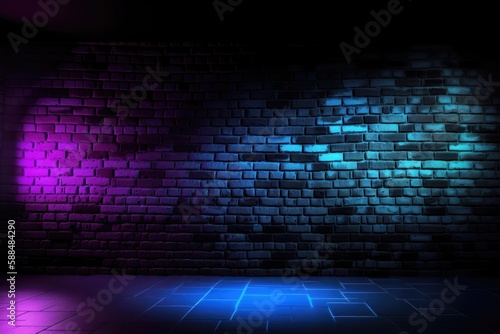 Black brick wall background with neon lighting effect from pink and purple to blue. AI generated