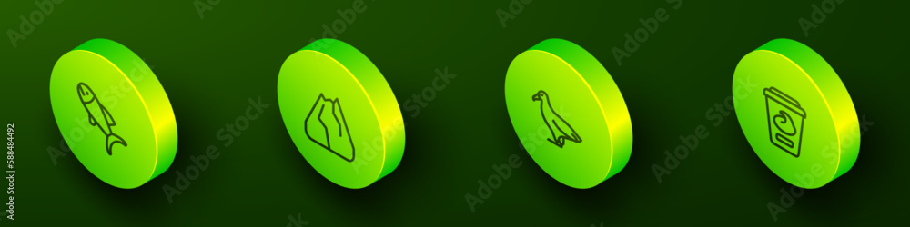 Set Isometric line Fish, Mountains, Albatross and Yogurt container icon. Vector Set Isometric line Fish, Mountains, Albatross and Yogurt container icon. Vector