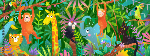 Wild Animals in Colorful African Jungle Horizontal Design for kids. Vibrant intricate collage illustration of African animals in vibrant rainforest. Vector surface design graphics for children.