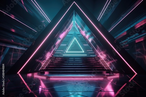 Neon Triangle Dance: Futuristic Sci-Fi Stage with Tilted Lines and Metal Reflective Surface. AI generated © yuliachupina