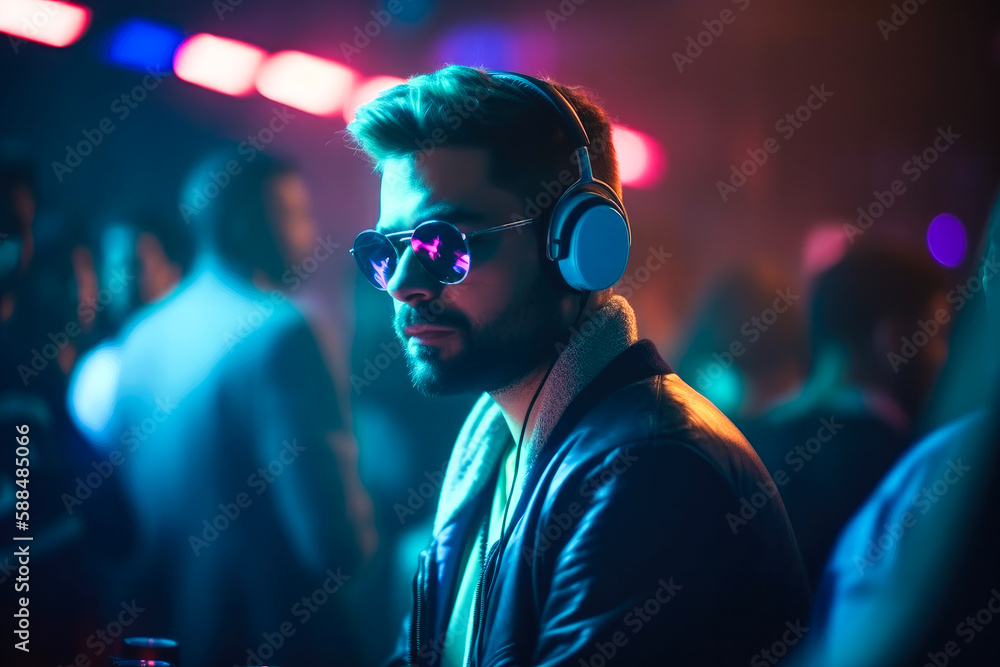 DJ with headphones at night club party under the blue and pink neon lights with people crowd in background. High quality generative AI DJ with headphones at night club party under the blue and pink neon lights with people crowd in background. High quality generative AI
