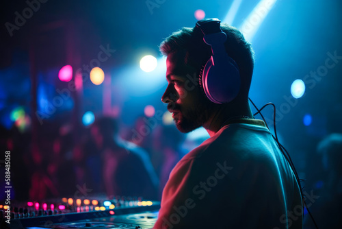 DJ with headphones at night club party under the blue and pink neon lights with people crowd in background. High quality generative AI