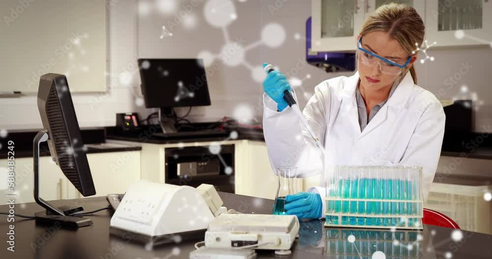 Animation of molecules moving over caucasian female scientist in laboratory Animation of molecules moving over caucasian female scientist in laboratory