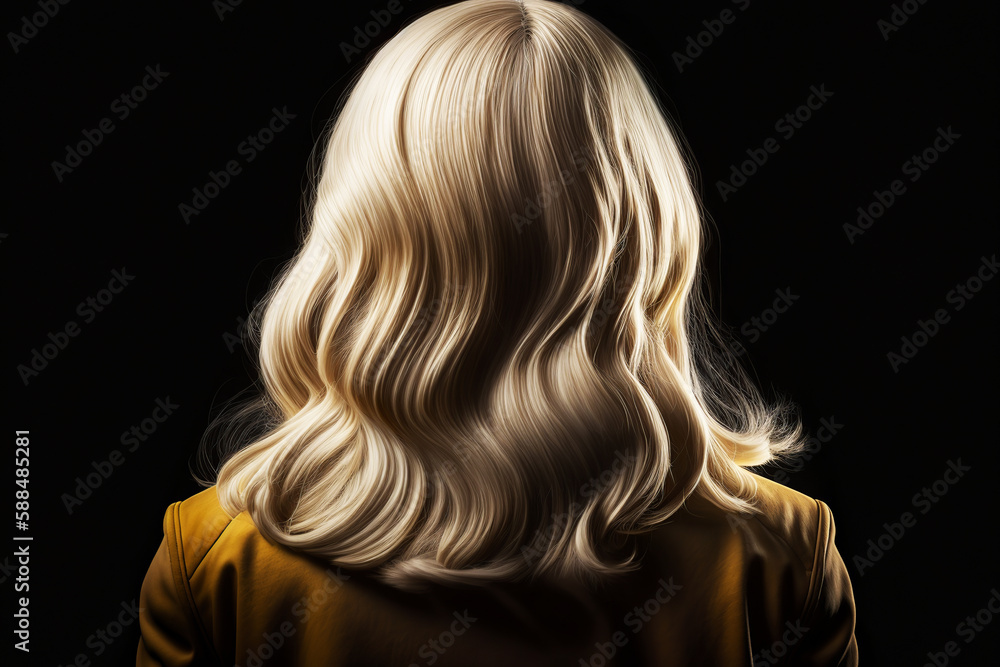 Blond hair. Woman from the back with wavy hair. Generative AI. Blond hair. Woman from the back with wavy hair. Generative AI.