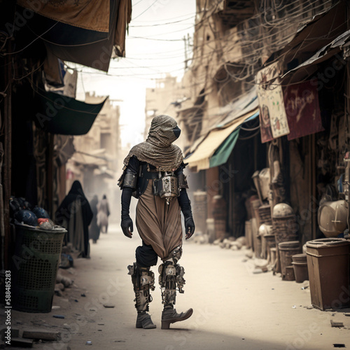 A Iraqi youth with bulky robotic legs is walking along an empty souk in future Baghdad