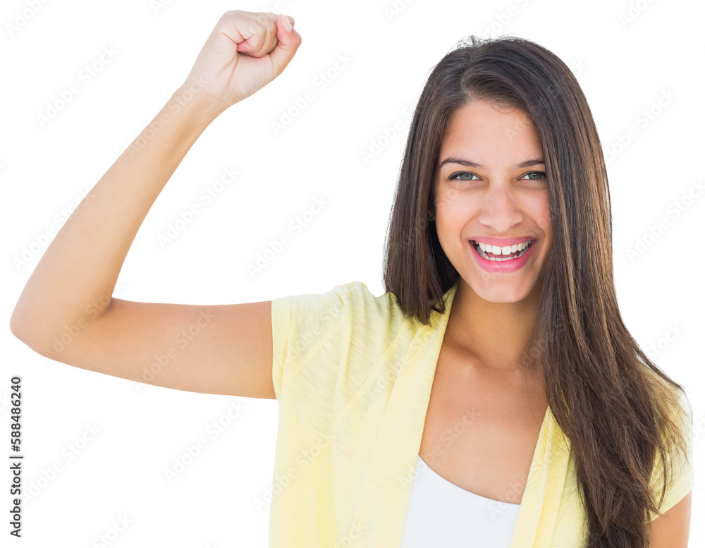 Happy casual woman cheering at camera Happy casual woman cheering at camera