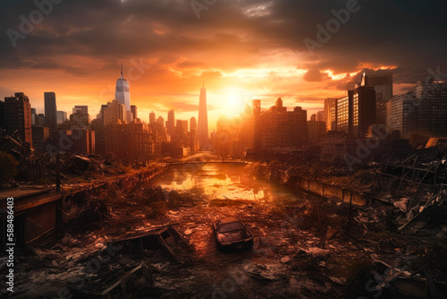 Post apocalyptic city view cityscape. City in ruins. Dystopian future. Generative ai