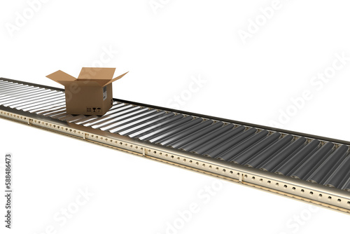Open cardboard box on conveyor belt