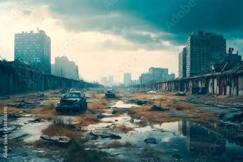 Post apocalyptic city view cityscape. City in ruins. Dystopian future. Generative ai