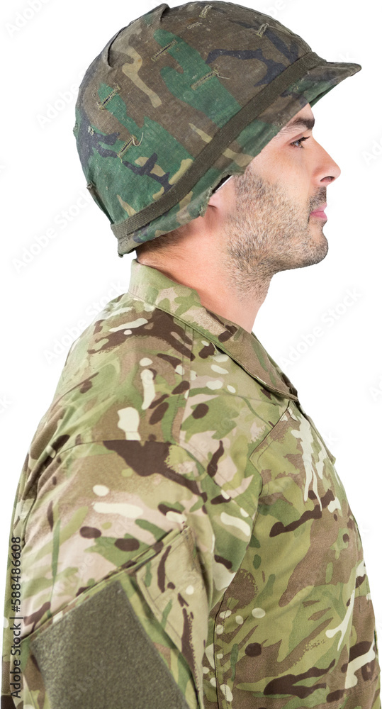 Side view of confident soldier in uniform standing Side view of confident soldier in uniform standing