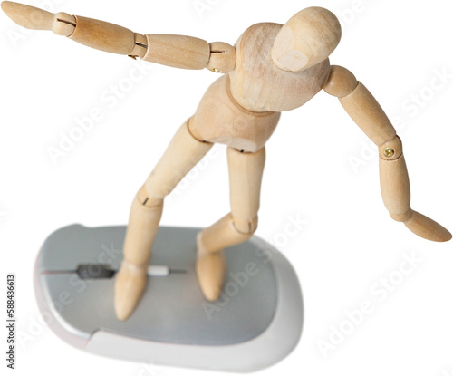 3d image of carefree wooden figurine standing on computer mouse