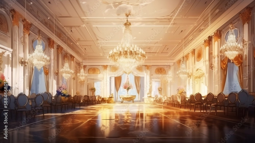 Luxurious classical ballroom as digital interior design illustration. Generative ai