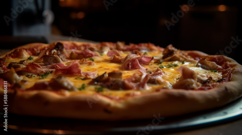 Authentic Italian Flavor: Delicious Homemade Prosciutto Pizza with Thin Crust, Perfect for Pizzeria Promotion, Generative AI