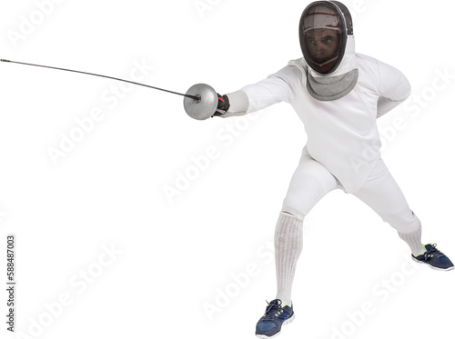 Man wearing fencing suit practicing with sword photo