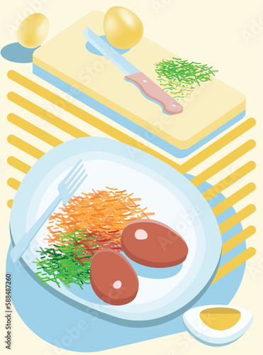Stylized vector drawing of a steak with bone, carrot, egg, greens.