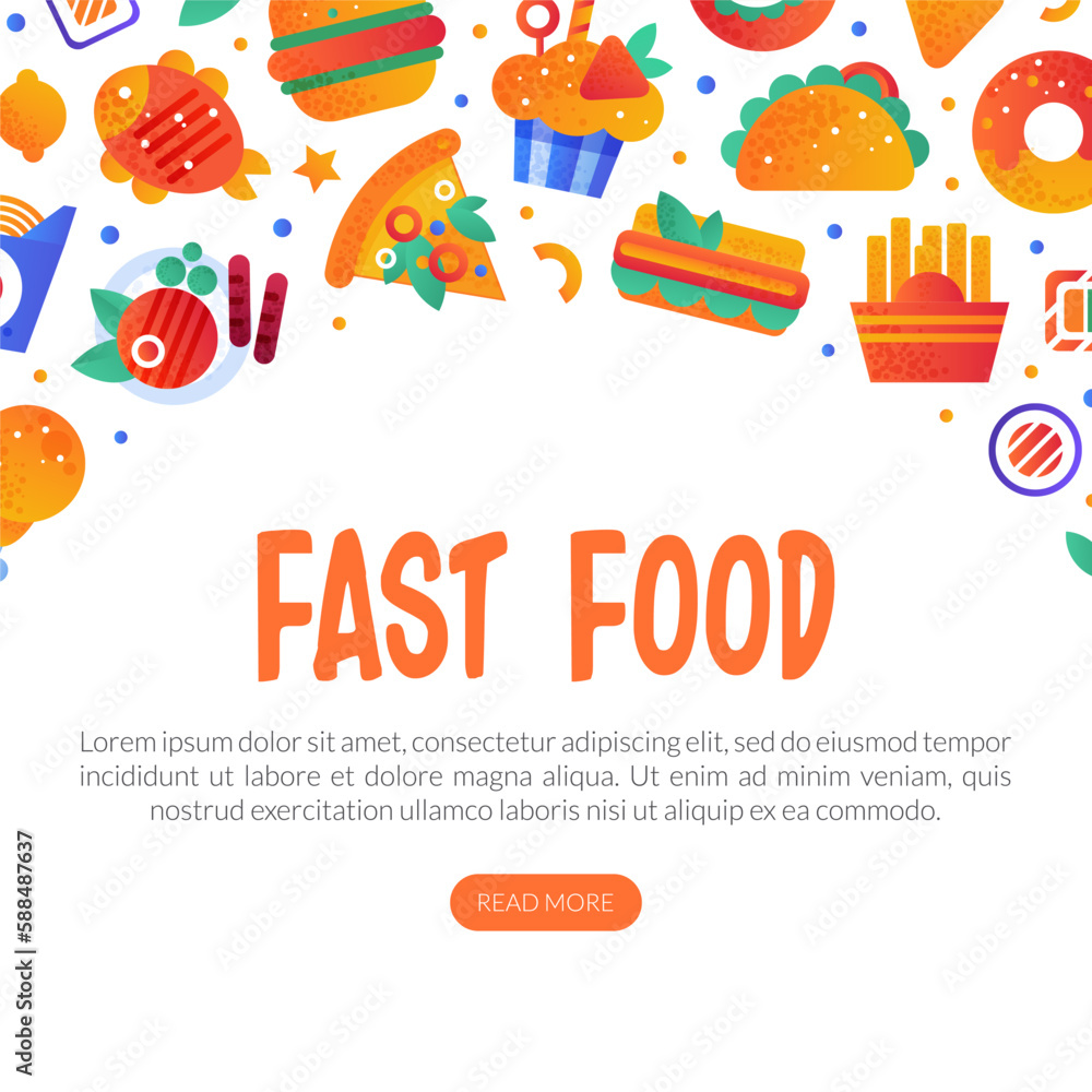 Fast Food Snack and Tasty Meal Web Banner with Button Vector Template