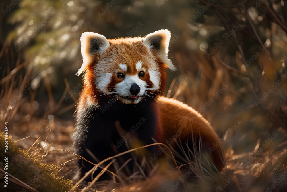Red panda in Temperate Forest. Generative AI Red panda in Temperate Forest. Generative AI