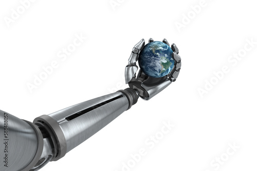 Chrome robotic hand holding globe