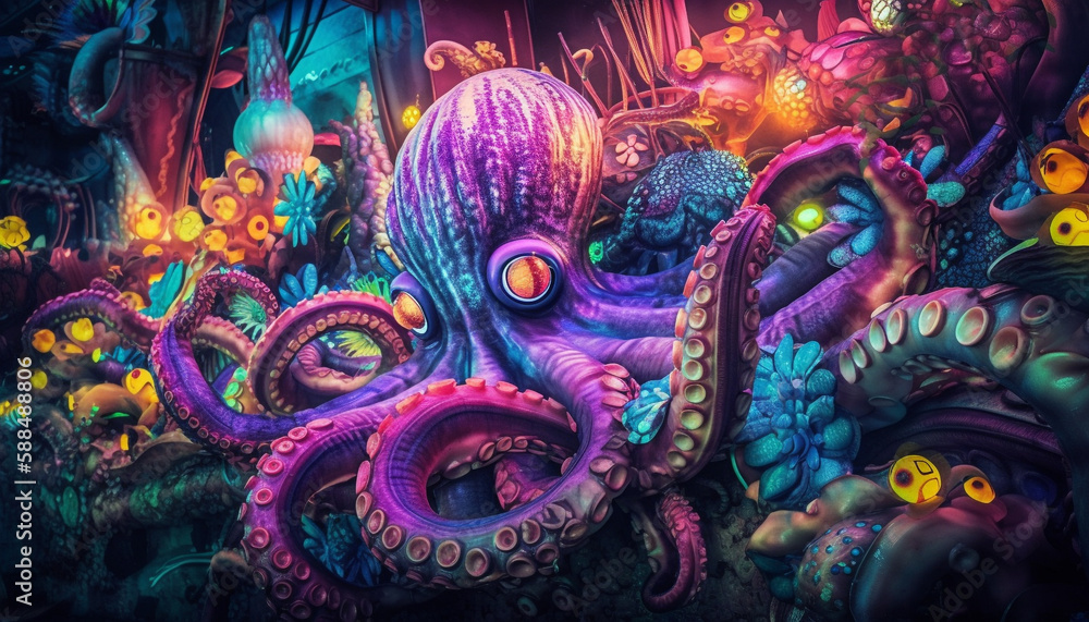 Glowing octopus swims in deep underwater landscape generated by AI Glowing octopus swims in deep underwater landscape generated by AI