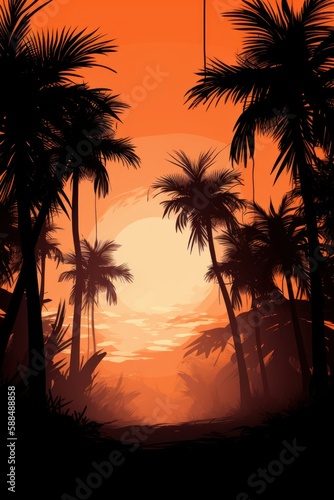 Tropical sunset with palm trees.