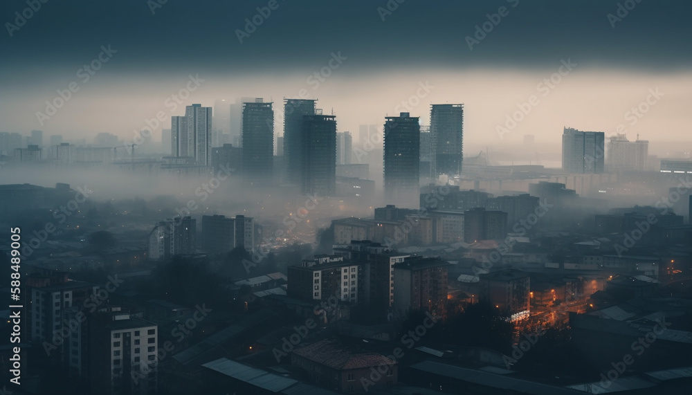 Fototapeta premium Modern cityscape at dusk, traffic high up generated by AI
