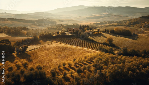 Rustic farmhouse amid Chianti vines at sunset generated by AI