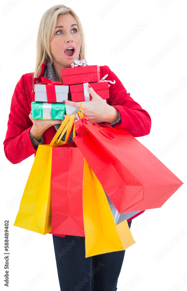 Festive blonde holding many gifts Festive blonde holding many gifts