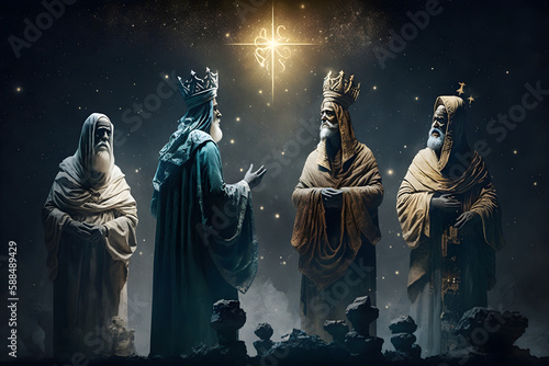  a nativity scene with three wise men and a star photo