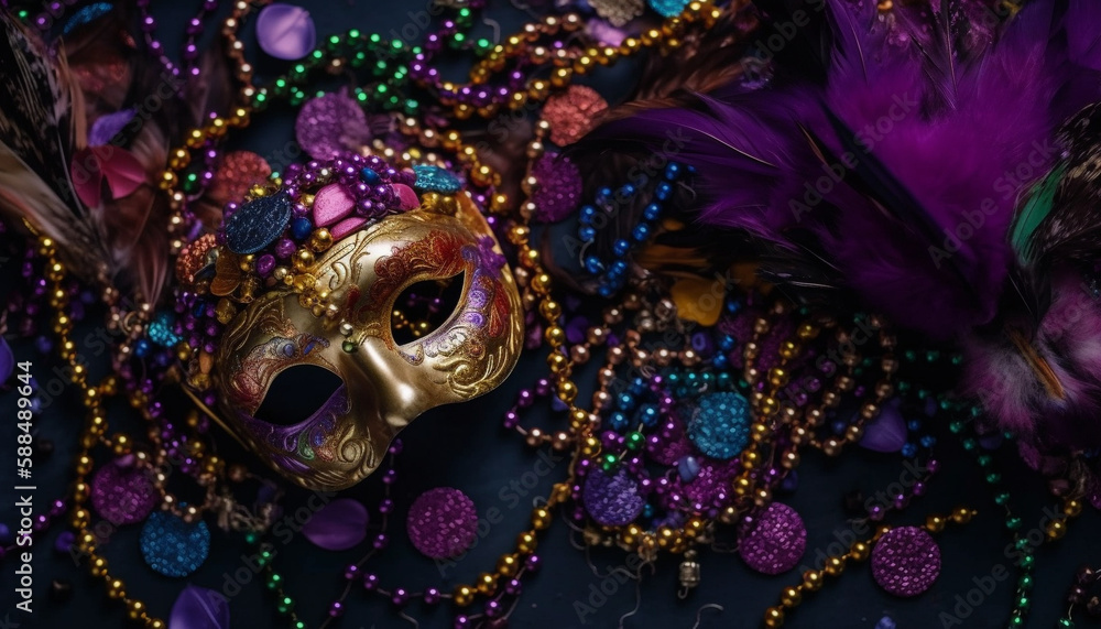Purple feather mask embodies Mardi Gras elegance generated by AI