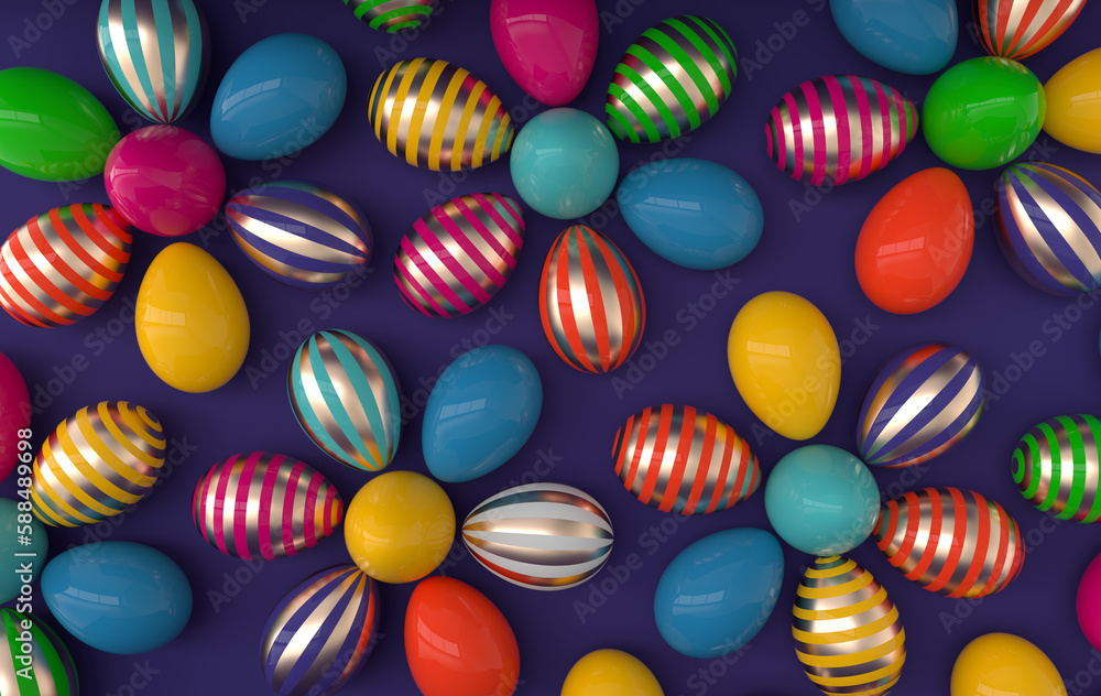 Colorful and gold striped easter eggs background. 3d render. Happy Easter eggs big hunt or sale banner Colorful and gold striped easter eggs background. 3d render. Happy Easter eggs big hunt or sale banner