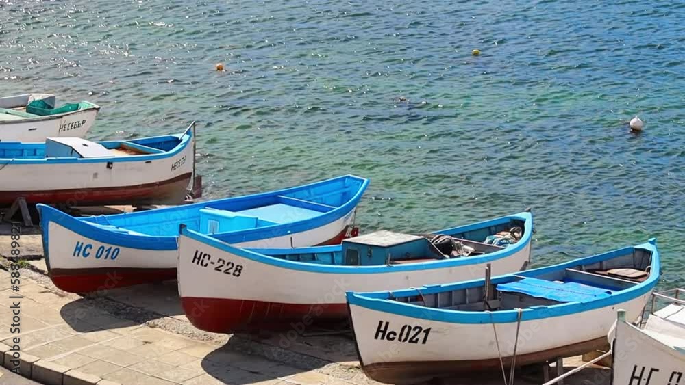 Traditional fishing boats along the coast in old Nessebar town, Bulgaria Traditional fishing boats along the coast in old Nessebar town, Bulgaria