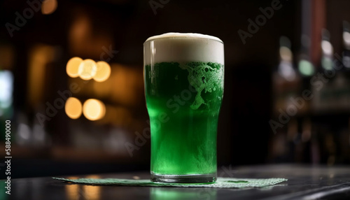 Fresh beer poured into green pint glass generated by AI
