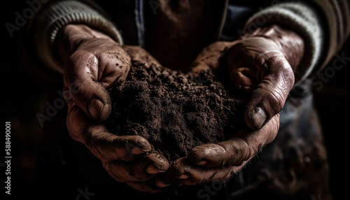 Dirty hands holding seedlings, planting for growth generated by AI