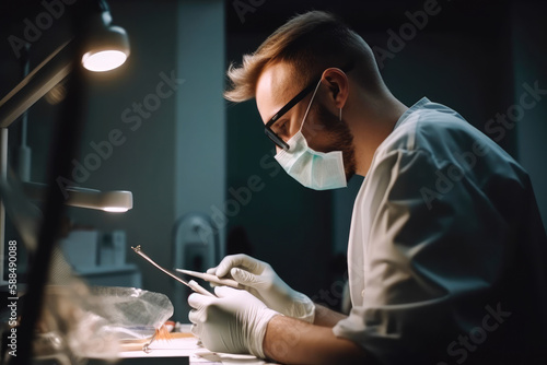 Dental technician doing prosthetic or other work. Dentist working in laboratory. Doctor working, high quality generative ai © MVProductions
