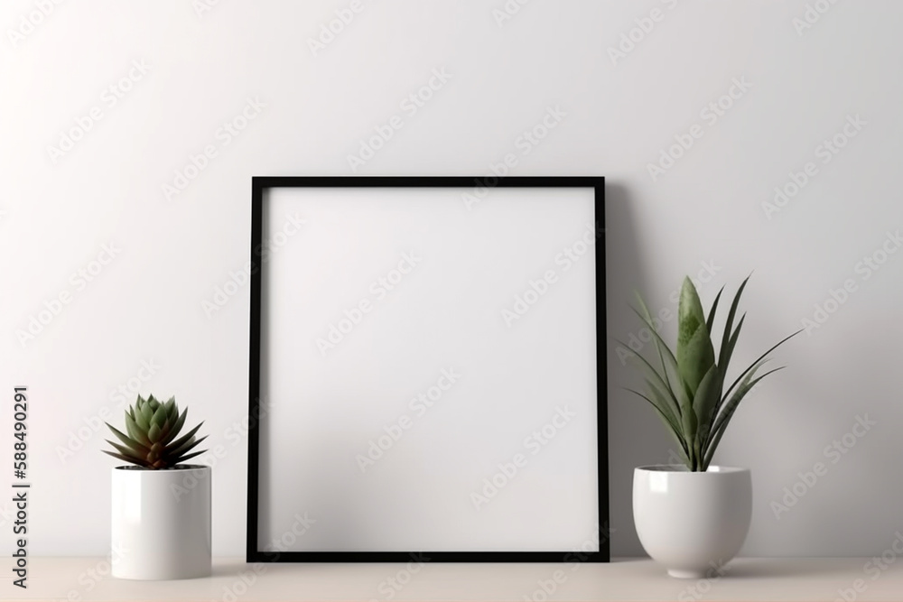 Empty square frame mockup in modern minimalist interior with plant in trendy vase on white wall background Empty square frame mockup in modern minimalist interior with plant in trendy vase on white wall background