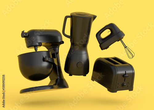 Electric kitchen appliances and utensils for making breakfast on monochrome