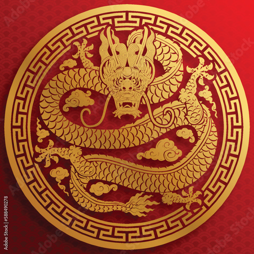 Happy chinese new year 2024 the dragon zodiac sign with flower,lantern,asian elements gold paper cut style on color background. ( Translation : happy new year 2024 year of the dragon )