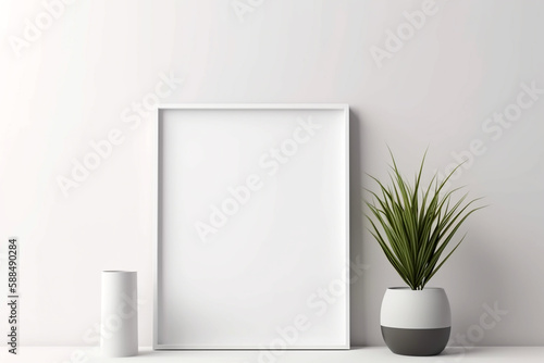 Empty square frame mockup in modern minimalist interior with plant in trendy vase on white wall background